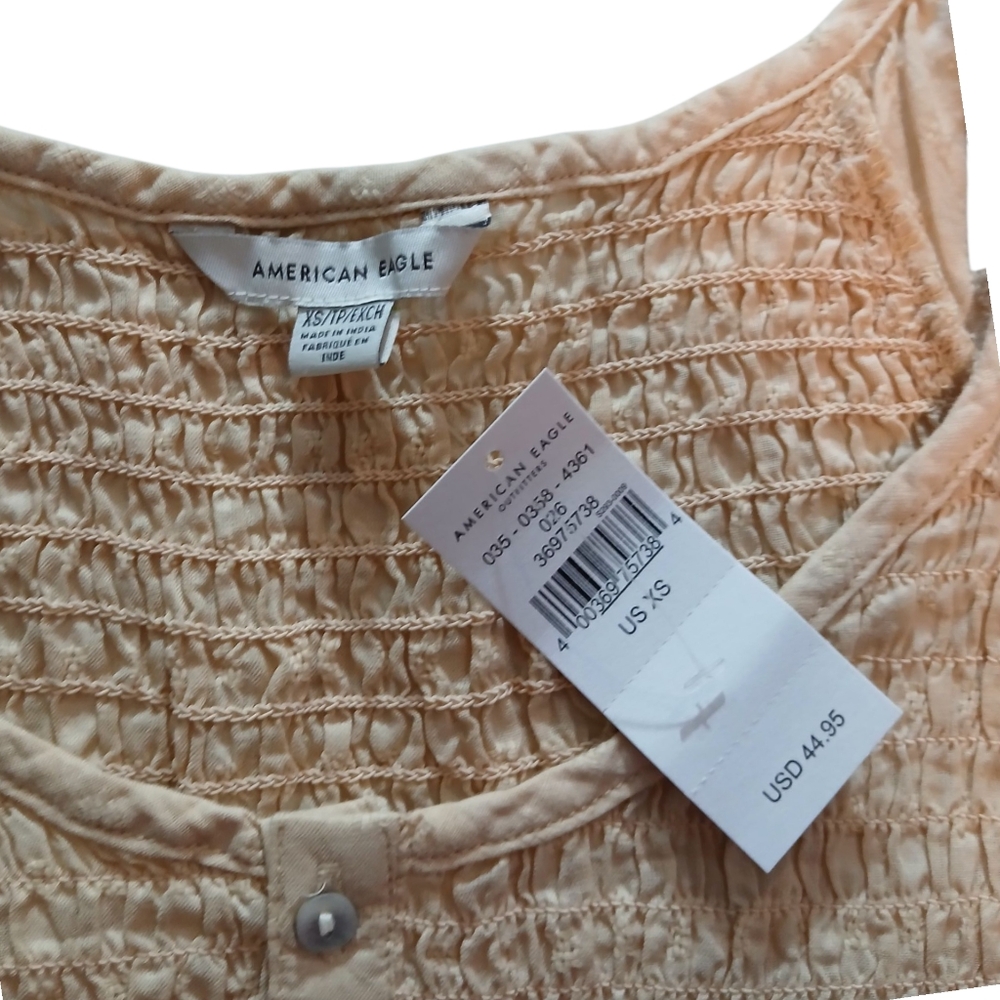 American Eagle Smocked Ruffle Cropped Puff Sleeve Peplum Henly Shirt Cottagecore - Picture 9 of 11